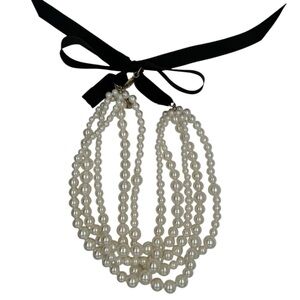 Multi-Layer White Pearl Necklace with Black Ribbon